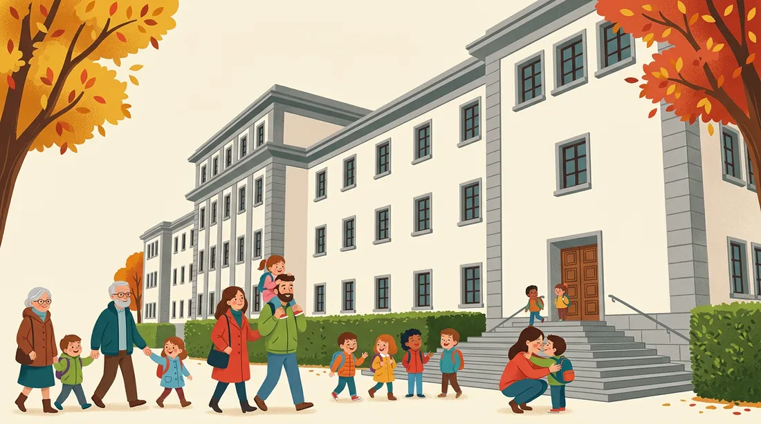 Ilustración: nais, pais, avós e nenos chegando ao colexio xunto á muralla de Lugo