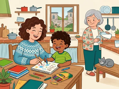 Ilustración: unha nai axuda ao seu fillo cos deberes mentres a avoa serve leite
