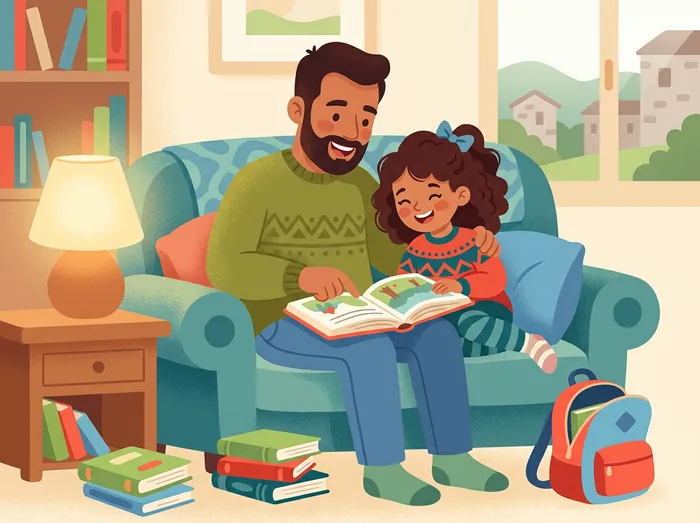 Ilustración: un pai le un conto coa súa filla no sofá